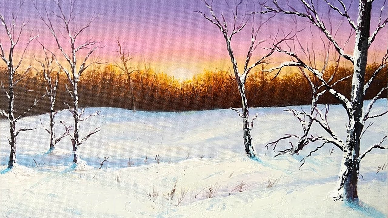 Como Pintar Un Atardecer De Invierno Con Nieve Con Acrilicos