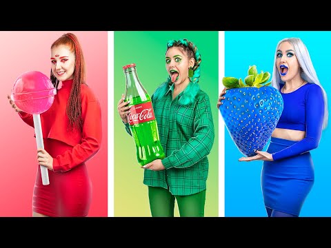 Red vs Green vs Blue Color Challenge! Everything In One Color For 24 Hours