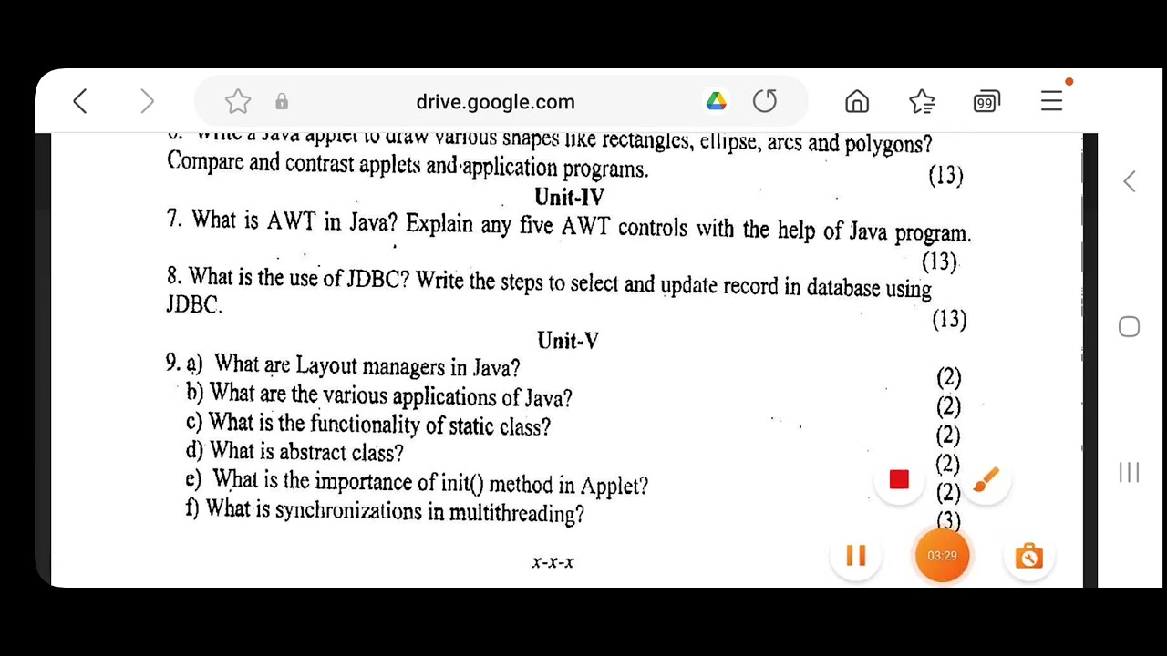 BCA 5th sem JAVA programming question paper PU 2021