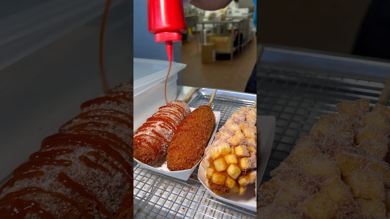 Would you try a KOREAN CORN DOG rolled in sugar with ketchup? #lasvegas #foodchallenge
