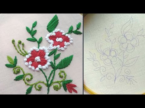 Cute Hand Embroidery Red flowers with green leaves,Premium Embroidery