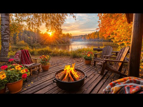 Unwind on a Cozy Autumn Sunrise Porch by the River 🌅🍁 Fire Sounds & Gentle Birdsong for Calm, Relax