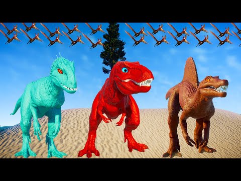 Team Rexy Color Pack vs I-rex, Spinosaurus, Allosaurus - Jurassic World Evolution Dinosaurs Fighting