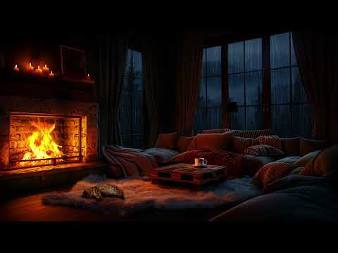 Heavy Rain & Cozy Fireplace Sounds - Warm Living Room Ambiance with Sleeping Cat
