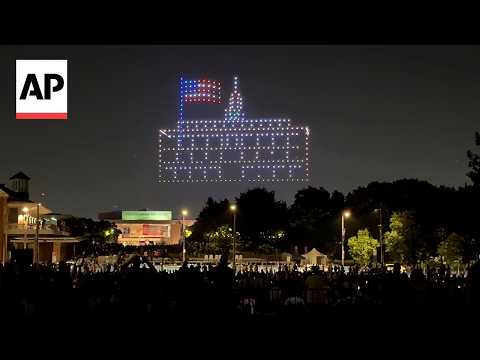 Drone show lights up night sky over Philadelphia's Independence Hall