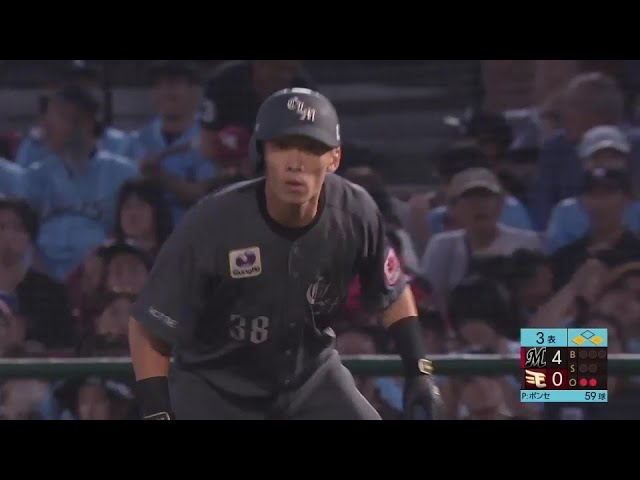 【3回表】しぶとくライト前へ!! マリーンズ・高部瑛斗 2試合連続となるタイムリーヒットで追加点を挙げる!!  2024年7月27日 東北楽天ゴールデンイーグルス 対 千葉ロッテマリーンズ