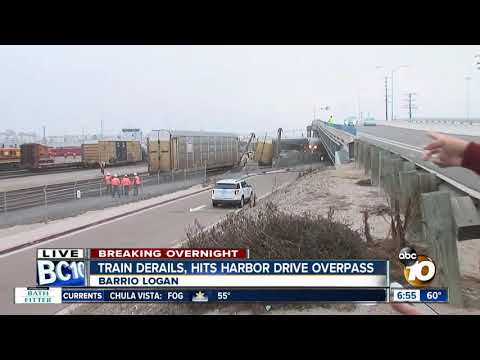 Train derails in Barrio Logan area, strikes overpass