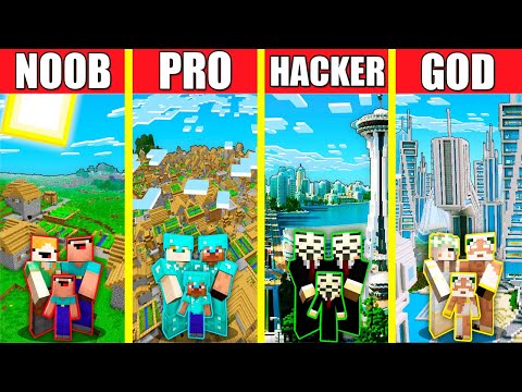 Minecraft Battle: CITY HOUSE BUILD CHALLENGE - NOOB vs PRO vs HACKER vs GOD / Animation VILLAGE