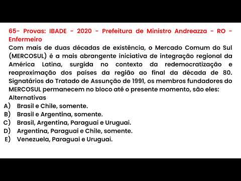 65- 🦉CONHECIMENTOS GERAIS - Provas: IBADE - 2020  Prefeitura de Ministro Andreazza - RO - Enfermeiro