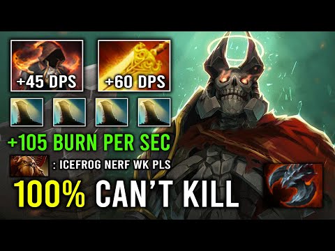 100% Can't Kill +105 Flame Radiance Burn Per Sec with Satanic Crit Right Click Wraith King Dota 2
