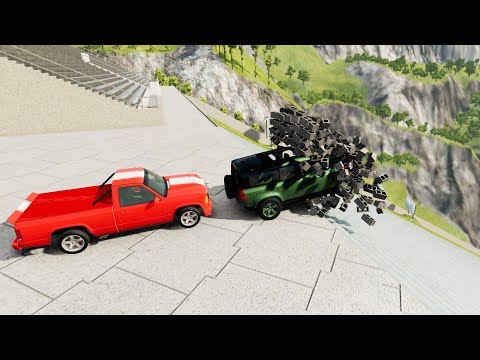 Insane Stairs Jumps Down Through Two Brick Wall (Crash Test) - BeamNG.drive Down Stairs Jumps