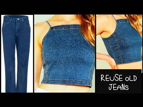 Diy: Convert old men jeans into halter neck top , Reuse men jeans into girls top, crop top Hindi