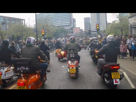 St George’s Day Scooter Procession , The Complete Ride Through Streets Of Manchester City Centre .