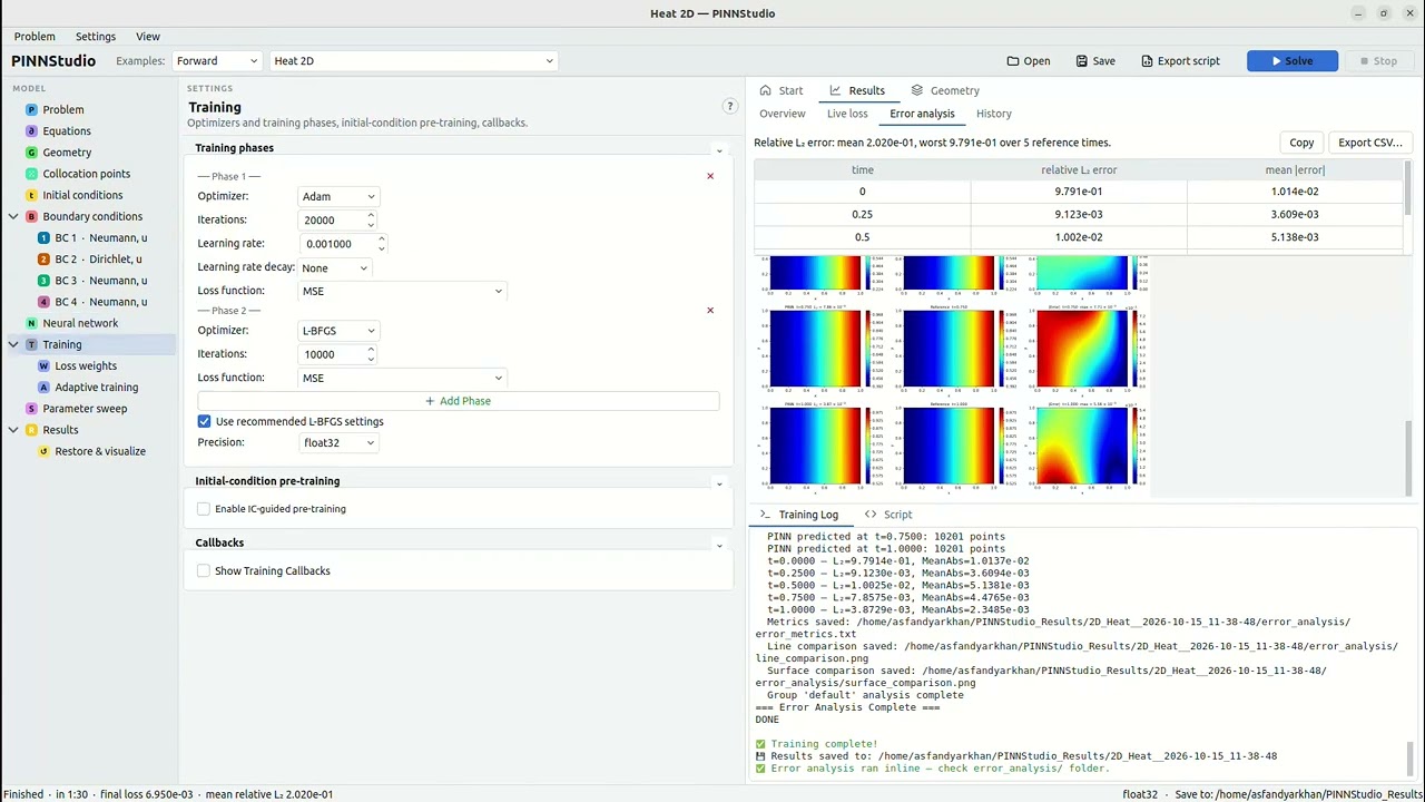PINNStudio demo — solving PDEs with physics-informed neural networks, no code