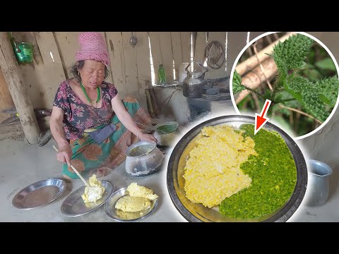 Cooking & eating Green organic nettles curry with corn rice | Nepali food mukbang | Traditional life