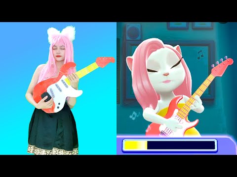Cute Girl Imitate Angela Playing Strong Rock Music - My Talking Angela 2 In The Real Life