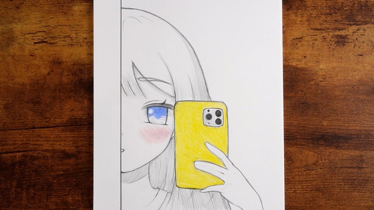 How to Draw Anime Girl Selfie: Yellow Phone Reflection