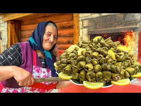 Famous Azerbaijani Dish: Lots of Stuffed Grape Leaves Cooked in a Stone Oven!
