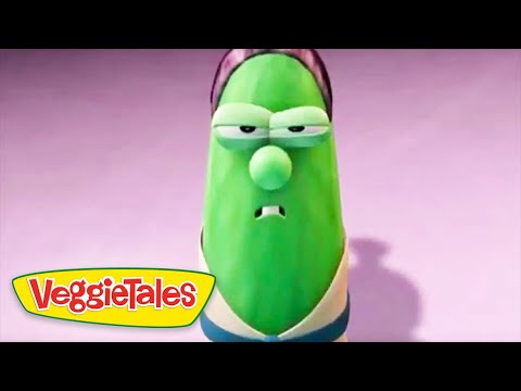 Green VeggieTales character with a sad, droopy expression on a pink background, VeggieTales logo in the corner.