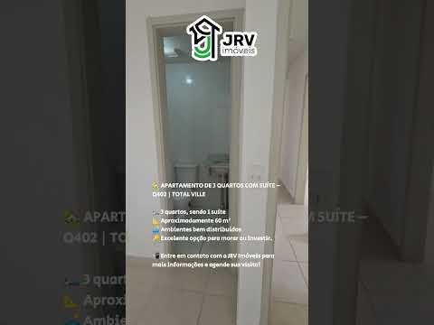 🏡 **APARTAMENTO DE 3 QUARTOS COM SUÍTE – Q402 | TOTAL VILLE** Excelente oportunidade para quem busca conforto, praticidade e uma ótima estrutura de lazer! ✨ **Características do imóvel:** 🛏️ 3 quartos, sendo **1 suíte** 📐 Aproximadamente **60 m²** 🛋️ Ambientes bem distribuídos 🔑 Excelente opção para morar ou investir 🌿 **Condomínio com área de lazer completa:** 🏊 Piscina 🏋️ Academia 🎉 Salão de festas ⚽ Quadra poliesportiva 🔥 Churrasqueira Um condomínio pensado para proporcionar momentos de lazer, esporte e descontração para toda a família, sem precisar sair de casa. 📍 **Localização: Q402 – Total Ville** 📲 Entre em contato com a **JRV Imóveis** para mais informações e agende sua visita!