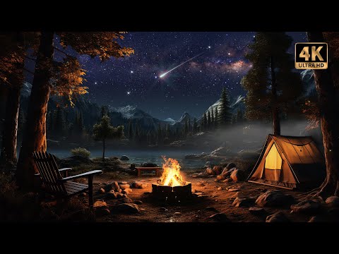 Cozy Camping with Shooting Stars, Crackling Campfire, & Nature Ambience | 4K ⛺️🔥💫