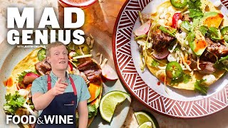 Loaded Roasted Pork Tostadas with Citrusy Cabbage Salad | Mad Genius | Food & Wine