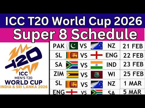 T20 World Cup 2026 Super 8 Schedule: Super 8's round full schedule, fixtures, venues, and timings.