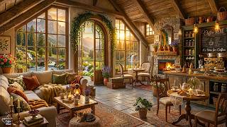 Cozy Cabin Jazz ~ Soft Jazz with Fireplace for A Quiet Morning June | Relaxing, Flowers, Tea