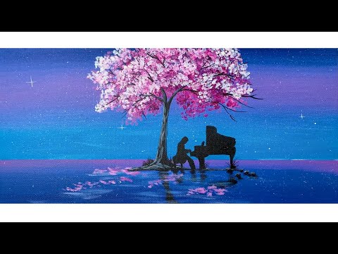 Girl playing piano under the cherry blossom tree / Acrylic painting for beginners / PaintingTutorial