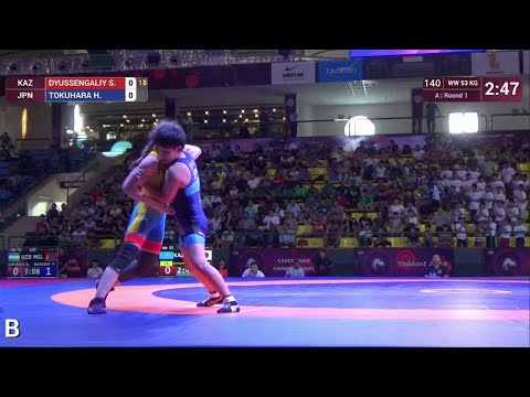 Round 1 WW - 53 kg: S. DYUSSENGALIY (KAZ) v. H. TOKUHARA (JPN)