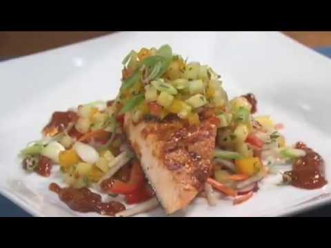 Grilled Arctic Char Recipe with Chipotle Barbecue Sauce, Jicama Salad and Mango-Pineapple Salsa
