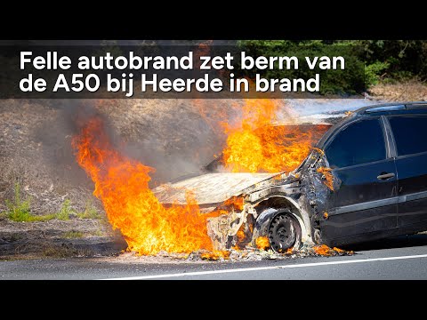 Felle autobrand zet berm in brand op de A50 bij afslag Heerde - ©StefanVerkerk.nl