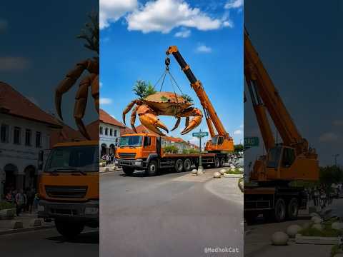 Evolution from a golden crab in a beautiful river to a giant crab carried by a crane truck
