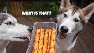 Huskies Eating Bacon Breadsticks  –  Crunchy Snack