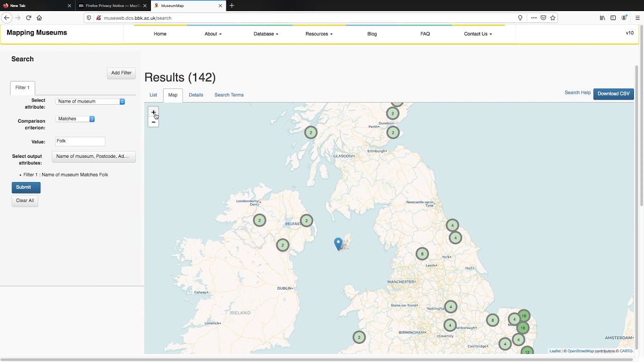 Exploring the Mapping Museums database: Using the Browse, Search and Visualise facilities