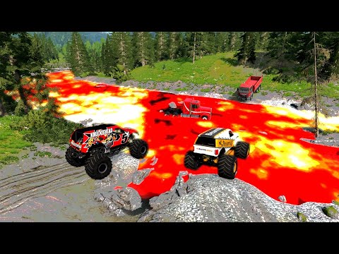 Big Wheels Cars vs Lava River - BeamNG Drive | Cars vs Lava River from Volcano | BeamNG Havoc