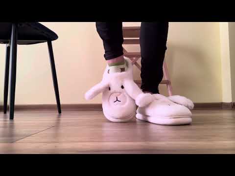 Fluffy Slippers With Bunny Ears Paired With Cute Green Socks With Owls Cozy Home Outfit