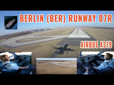 Berlin, BER Airport, Airbus approach and landing runway 07R, cockpit + pilots view, 4 cameras, 4k.