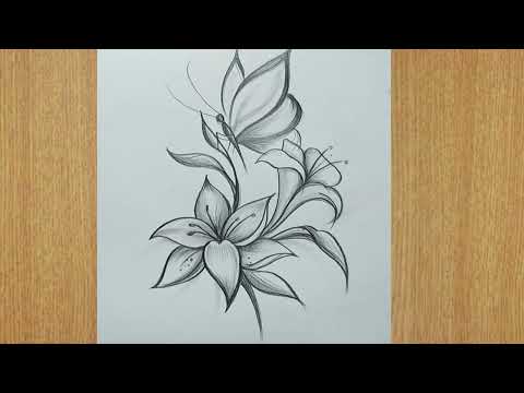 how to draw flowers and butterfly easy pencil sketch for beginners,butterfly and flowers drawing,