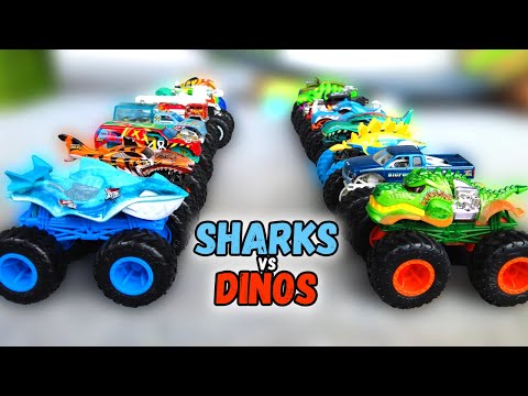 SHARKS vs DINOS Hot Wheels Monster Truck Racing Crash Push Mini Monstertrucks Race Team Battle