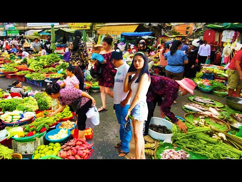 Mixed Fresh Street Food Market in Phnom Penh Cambodian - Breakfast, Vegetables, Fish, Shrimp &More