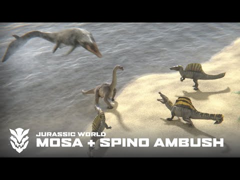 Jurassic World Spino and Mosa hunt down Brachiosaurus