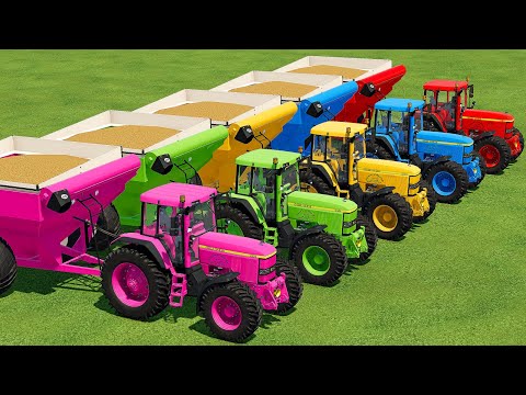 TRANSPORT, HARVEST & LOAD SPELT WITH JOHN DEERE COLORED TRACTORS - Farming Simulator 22