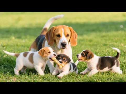 Beautiful puppies playing with mother dog on green grass - Dog barking sounds - Dog videos