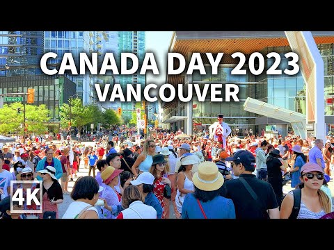 【4K】Canada Day Celebrations 2023, Downtown Vancouver Walk  | Travel Canada (Binaural City Sounds)