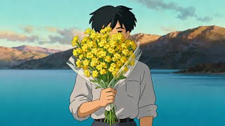 Wiping away tears with a bouquet.