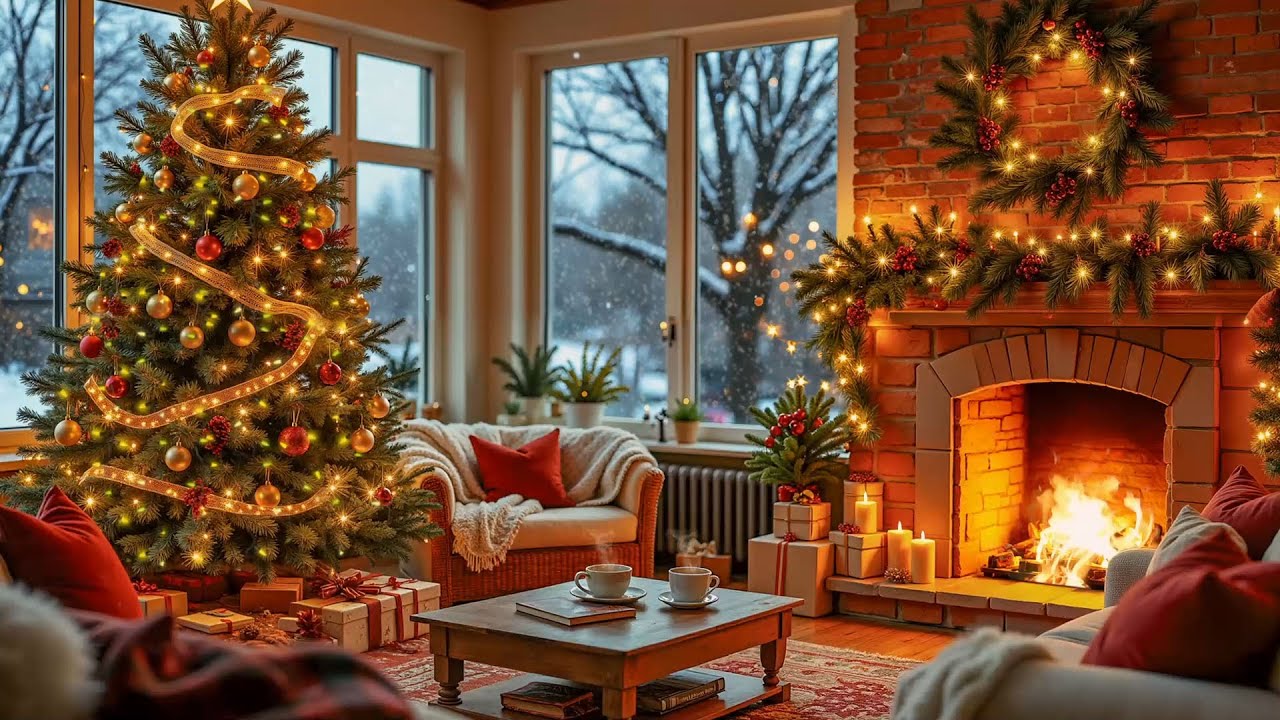 Cozy Instrumental Christmas Music & Soothing Sound Fireplace 🎁 Beautiful Christmas Ambience Music