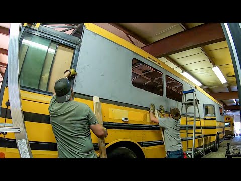 40ft School Bus Roof Raise Progress - Recycling Bus Seats