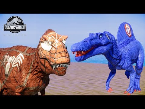 Captain America Spinosaurus vs Spiderman T-Rex vs  Venom Indominus Rex | Jurassic World Evolution