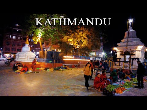Vida noturna nos mercados comerciais da cidade de Katmandu, passeio de carro | Melhor época para viajar Nepal 4K UHD 60fps